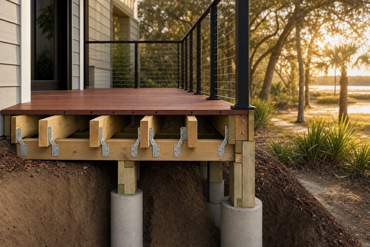 Cutaway view of a Florida-grade Trex composite deck showing concrete footings, pressure-treated posts, galvanized joist hangers, dimensional joist framing, composite decking and cable railing