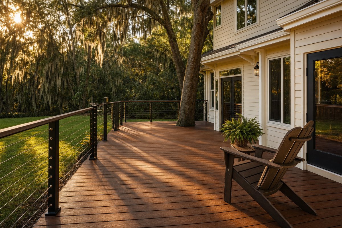 Orange Park composite deck in Eagle Harbor — 440 sq ft Trex Transcend Spiced Rum