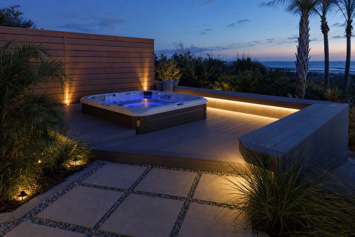 Atlantic Beach hot tub deck — 280 sq ft AZEK with cedar privacy wall