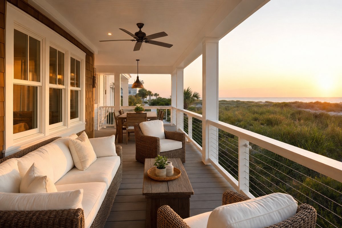 Historic Fernandina wraparound porch deck — 300 sq ft Trex Transcend Tiki Torch