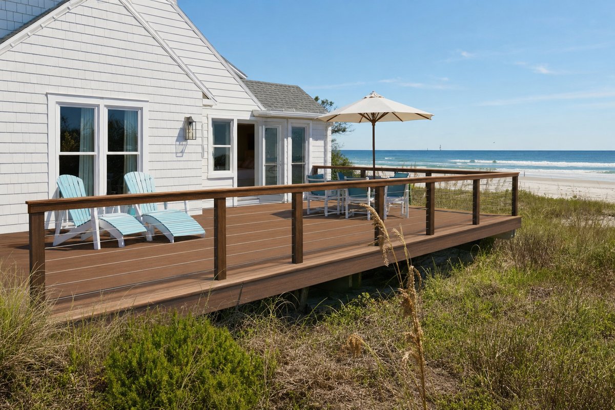 Jacksonville Beach oceanfront cottage deck — 380 sq ft Trex Transcend Spiced Rum