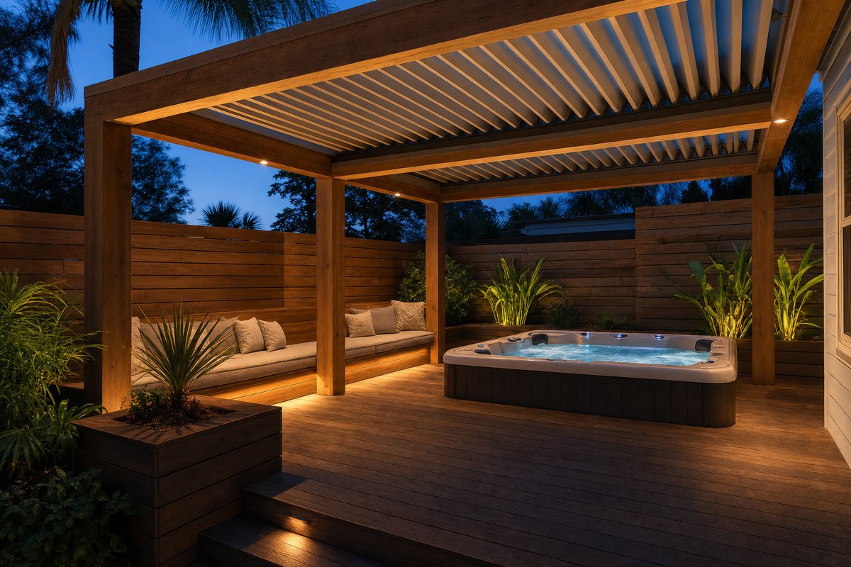 Jacksonville Beach hot tub pergola deck — 280 sq ft Trex Transcend Lava Rock + pressure-treated pergola