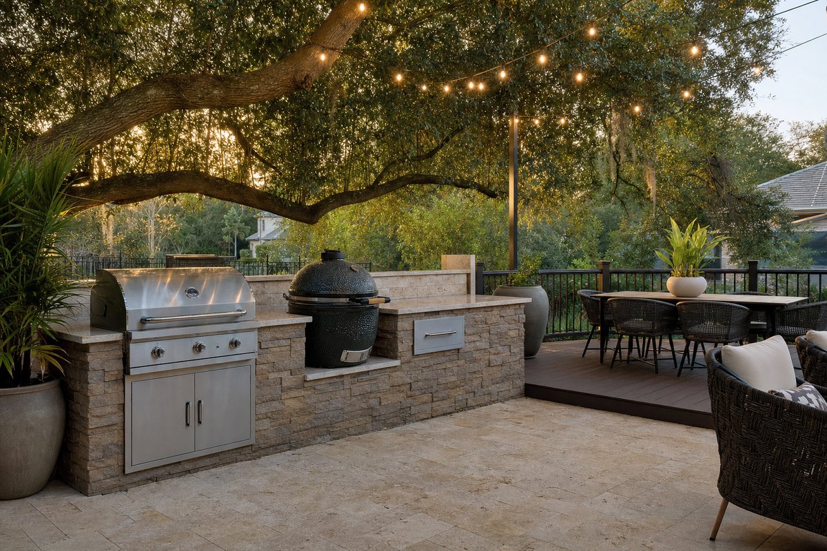 Mandarin outdoor kitchen deck-patio combo — Trex Lava Rock + travertine pavers
