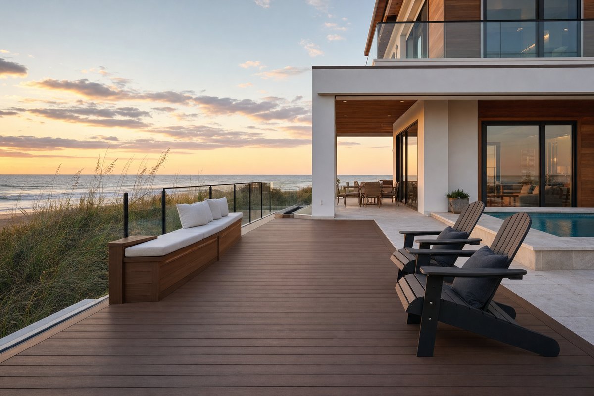 Amelia Island oceanfront deck build — 520 sq ft Trex Transcend Lava Rock on South Fletcher