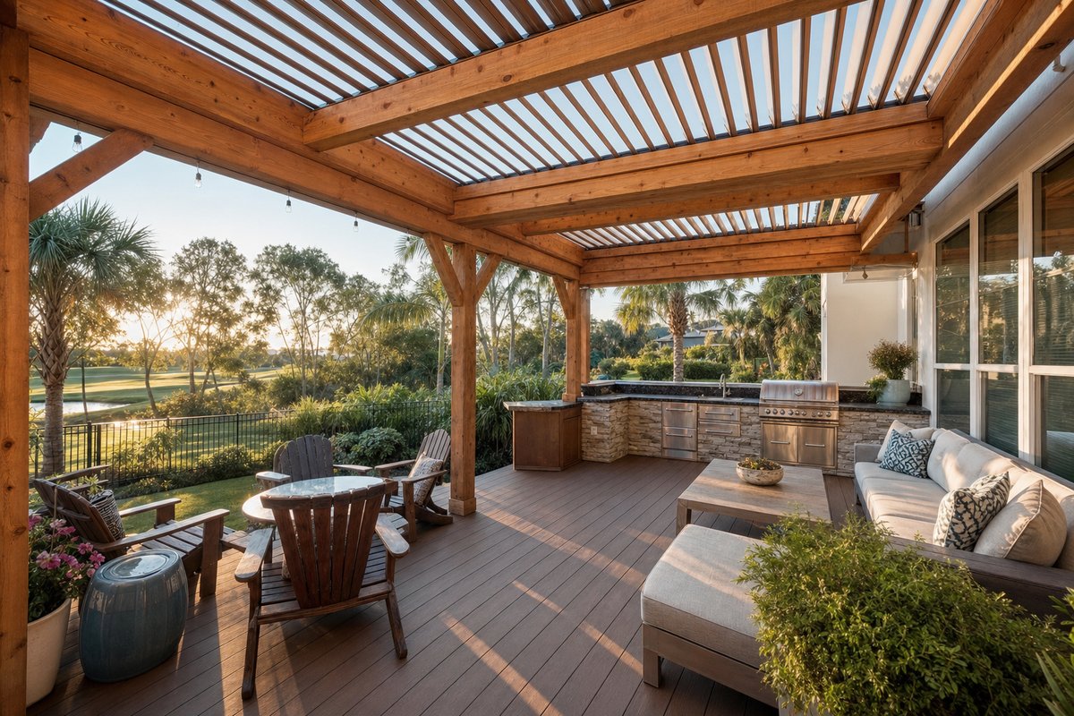 Deerwood outdoor kitchen and paver patio — 560 sq ft travertine and Belgard pavers