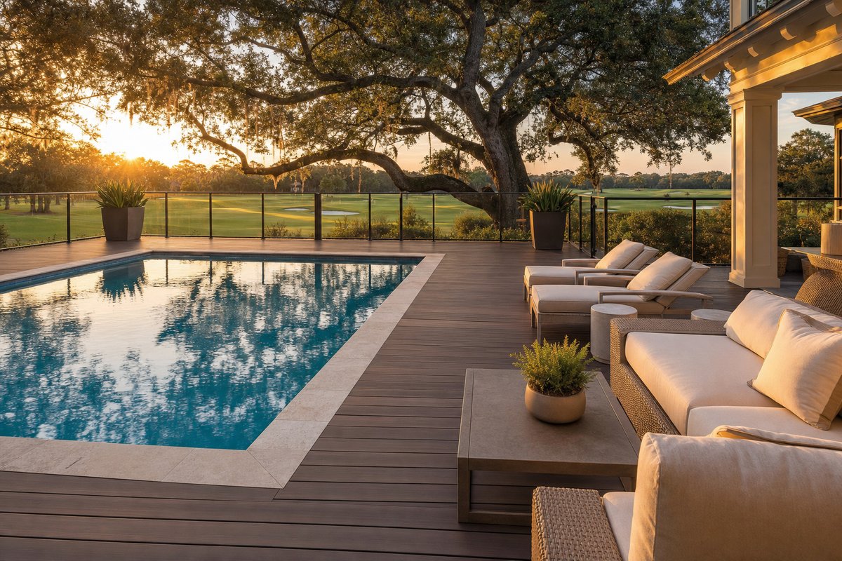 Sawgrass Players Club pool deck — 580 sq ft AZEK PVC with glass rail