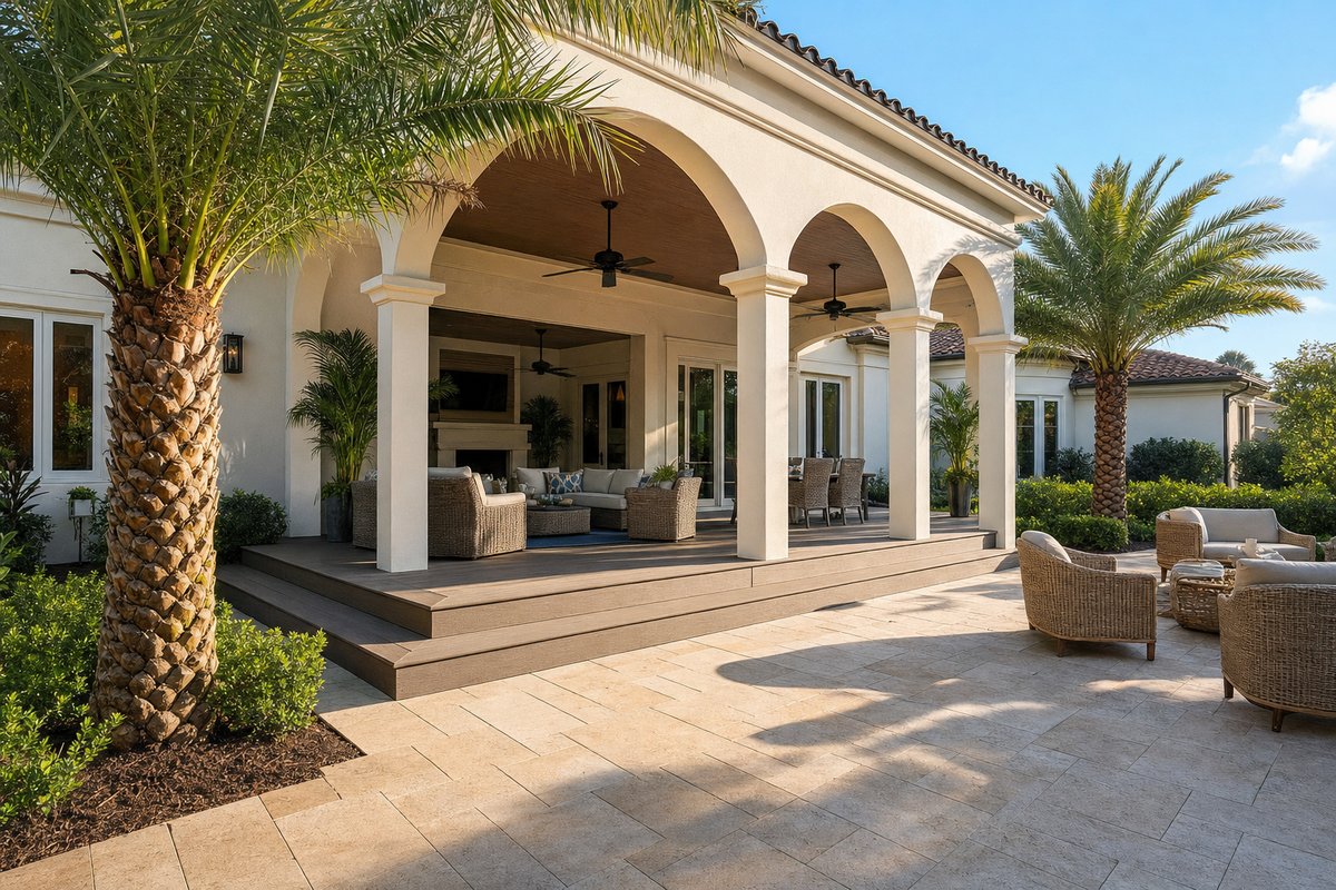 Sawgrass covered porch + paver patio — 380 sq ft Trex Transcend Spiced Rum