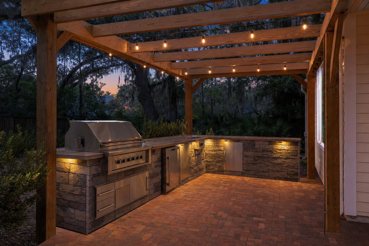 Masonry outdoor kitchen with black granite counter and built-in grill in Ponte Vedra Beach, Jacksonville at golden hour