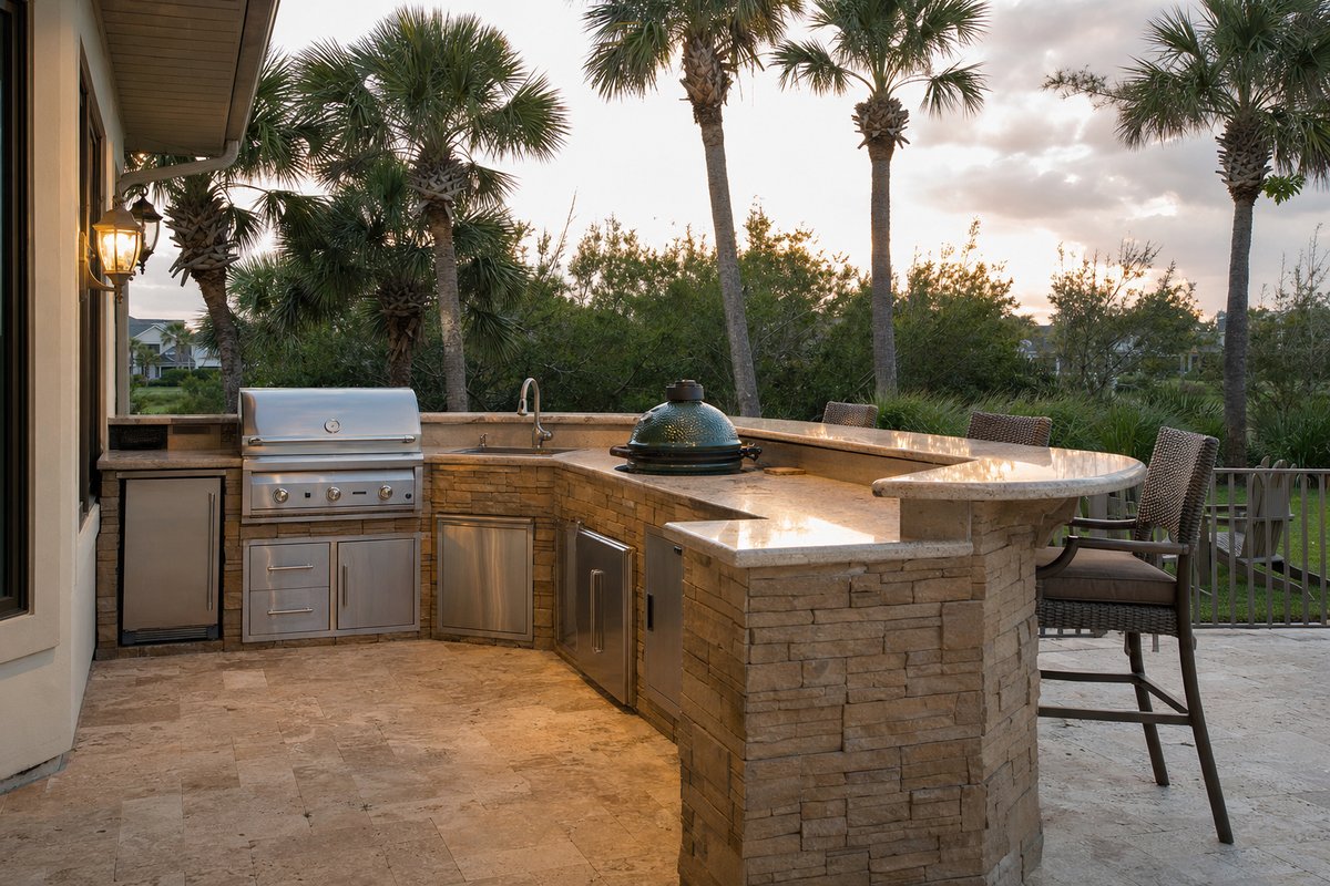 Stainless cabinet outdoor kitchen island with built-in grill on a Mandarin Jacksonville paver patio