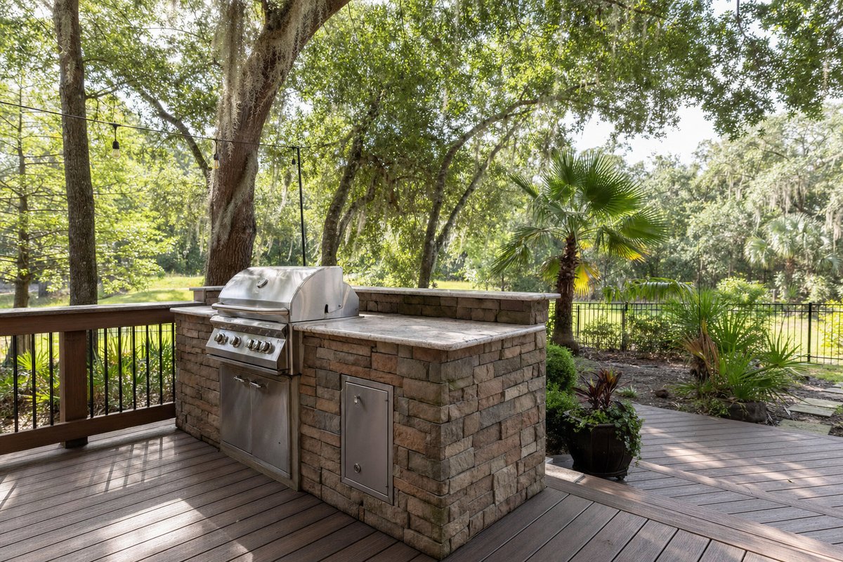 Stacked-stone outdoor kitchen with quartzite counter and bar seating on a historic San Marco Jacksonville home