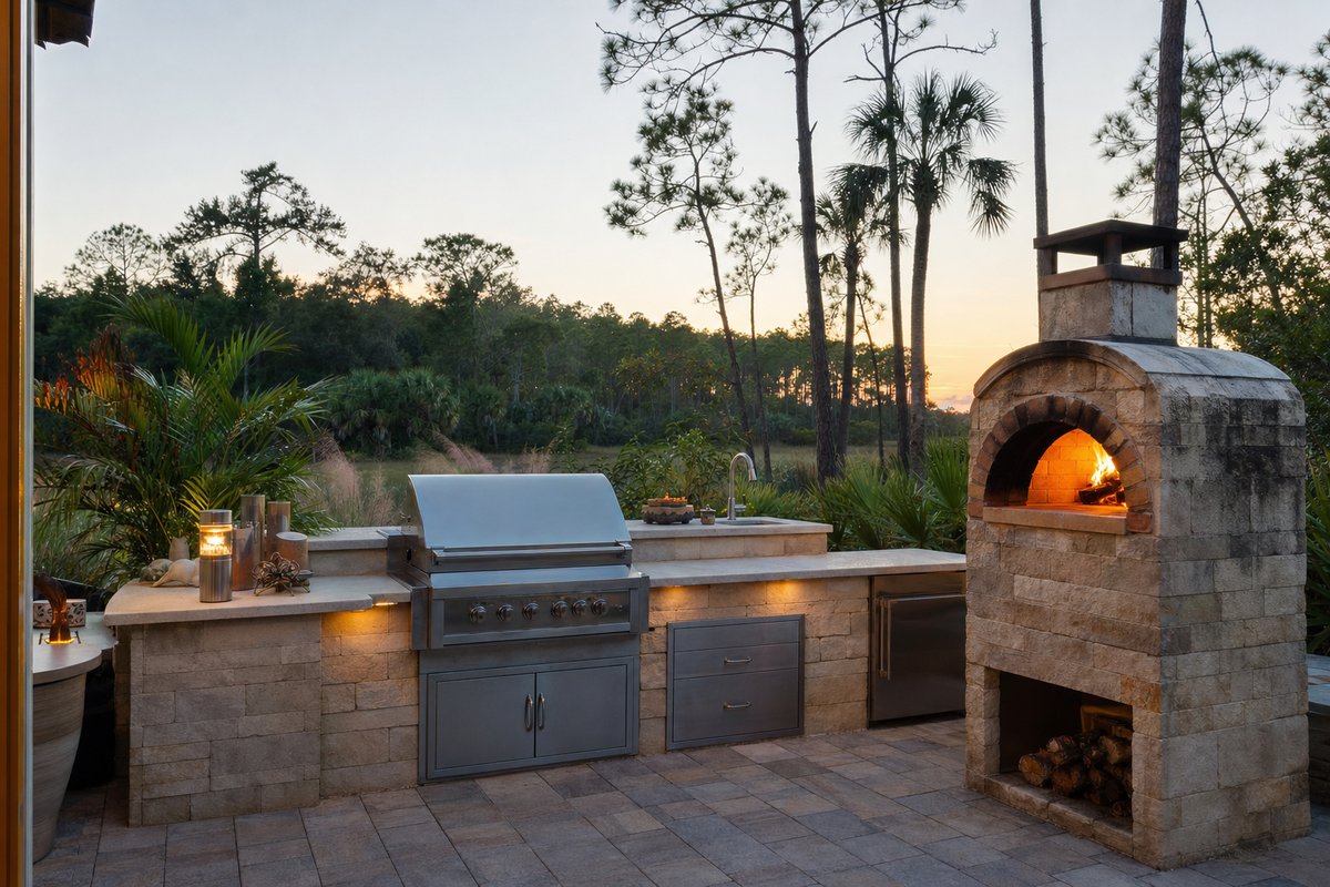Full outdoor kitchen with beverage center, prep sink, and ceramic-tile surround under a pergola in Nocatee, St. Johns County