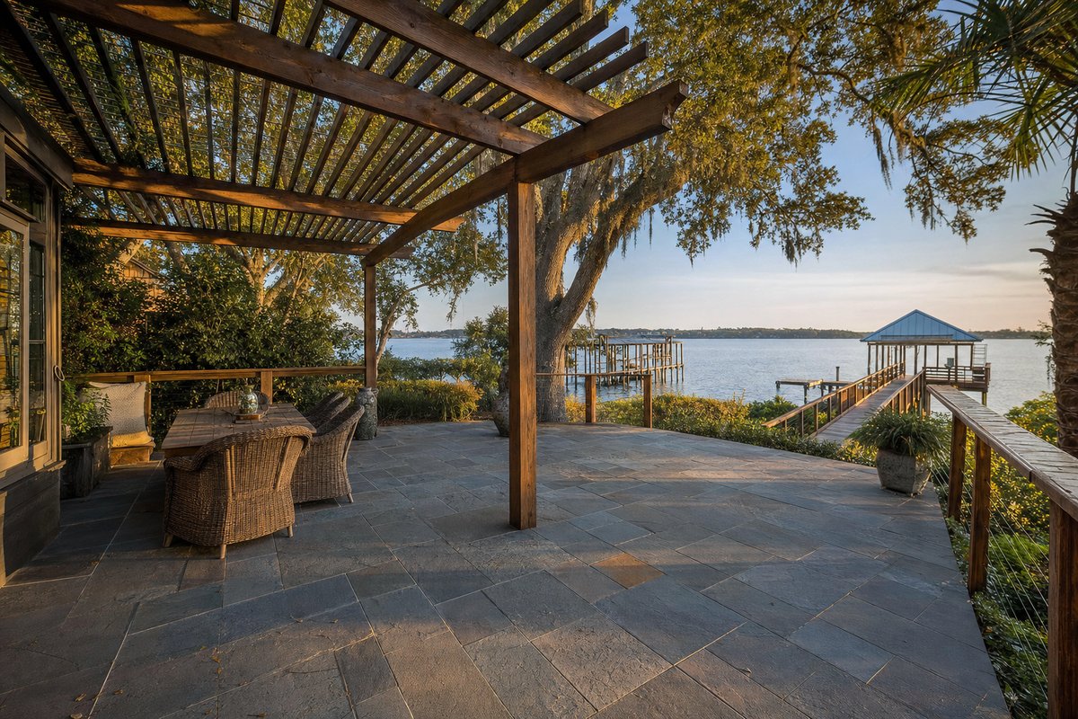 Herringbone antique clay brick paver patio behind a historic San Marco Jacksonville home