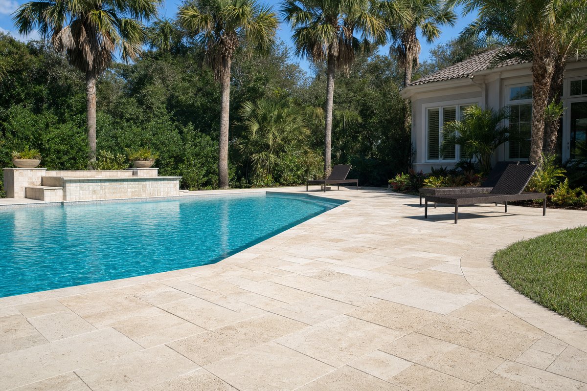 Shellstone coquina paver patio with outdoor kitchen on a Ponte Vedra Beach oceanfront lot at dusk