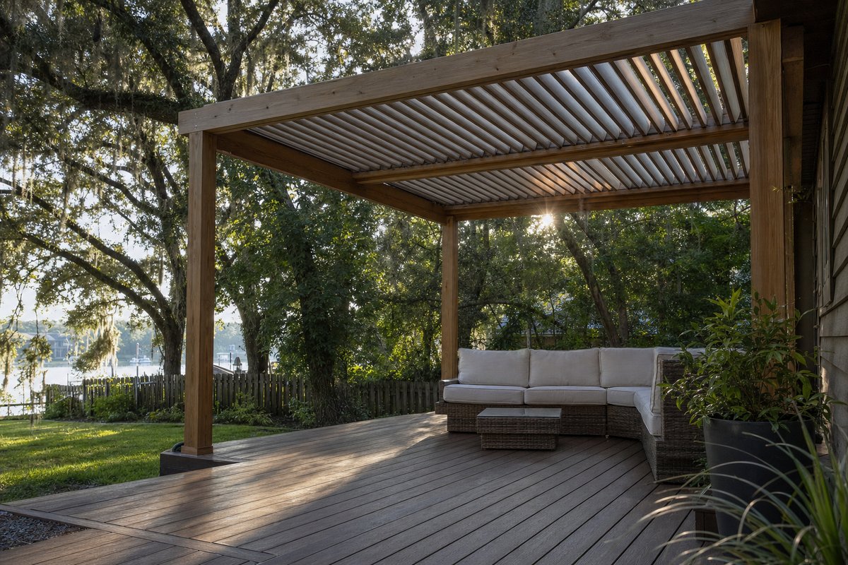 Pressure-treated pergola over a paver patio in Mandarin Jacksonville with honey stain and live oaks at golden hour