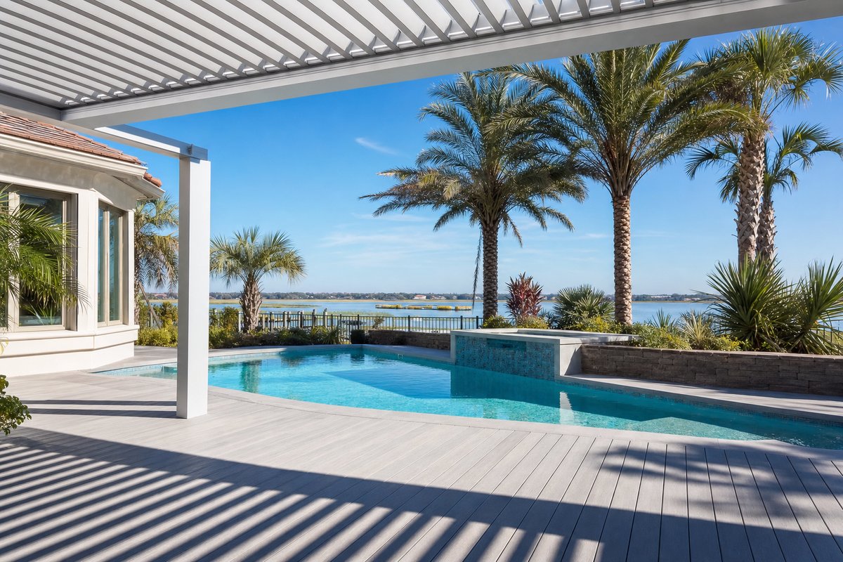 Motorized louvered roof in matte black over a Ponte Vedra Beach pool deck at dusk with cable lighting