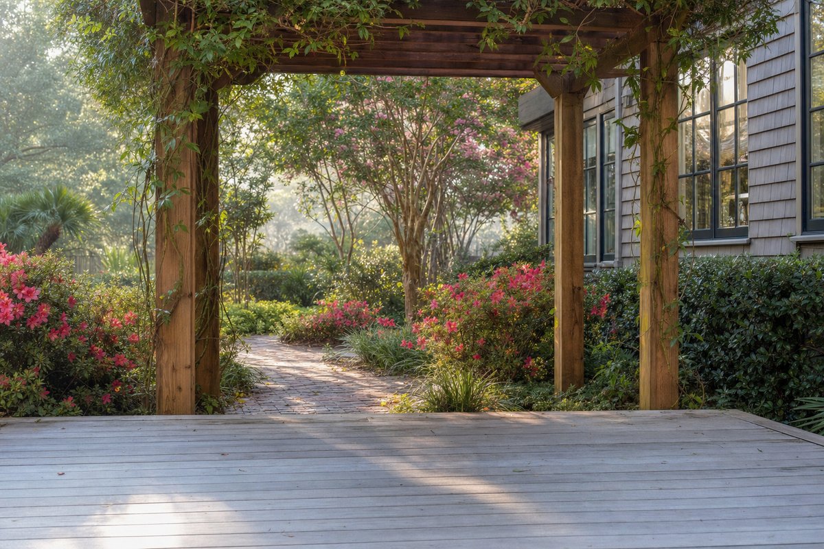 Bronze-stained pressure-treated attached pergola on a historic San Marco Jacksonville home over a brick patio