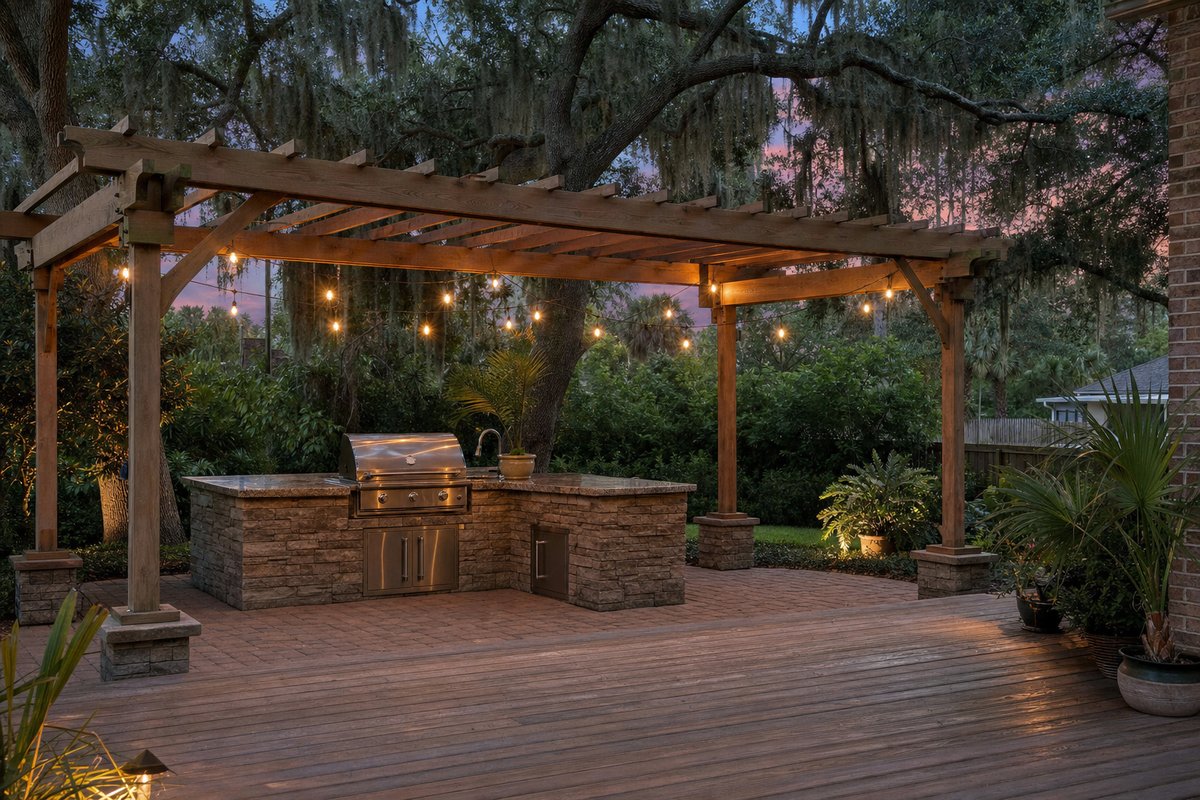 Freestanding pressure-treated pergola with dark walnut stain over a Nocatee fire-pit patio with integrated cable lighting