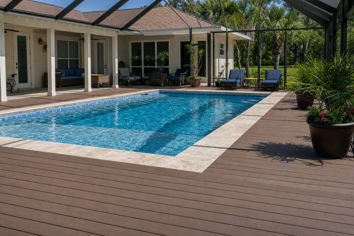 AZEK PVC English Walnut pool deck in Ponte Vedra Beach — cool-touch boards wrapping an in-ground pool at golden hour