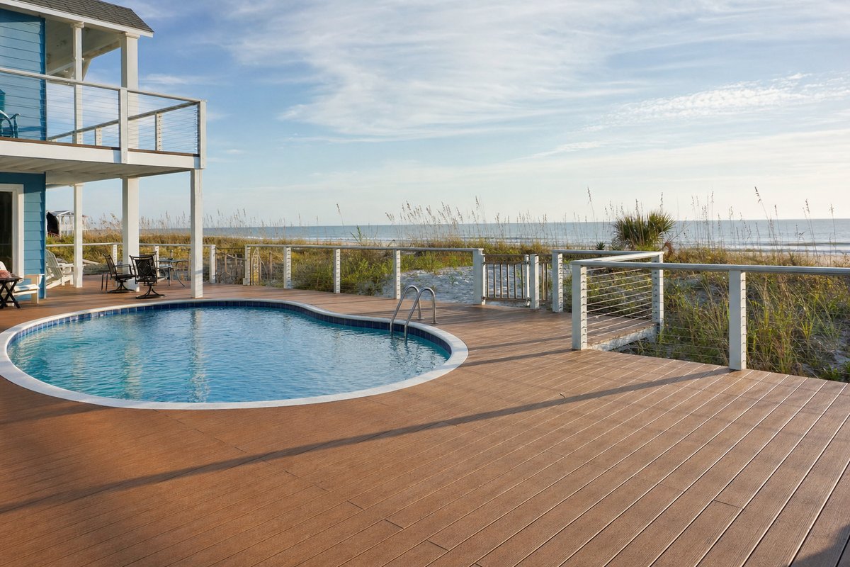 Ivory travertine paver pool surround in Mandarin Jacksonville with coping detail and live oaks overhead