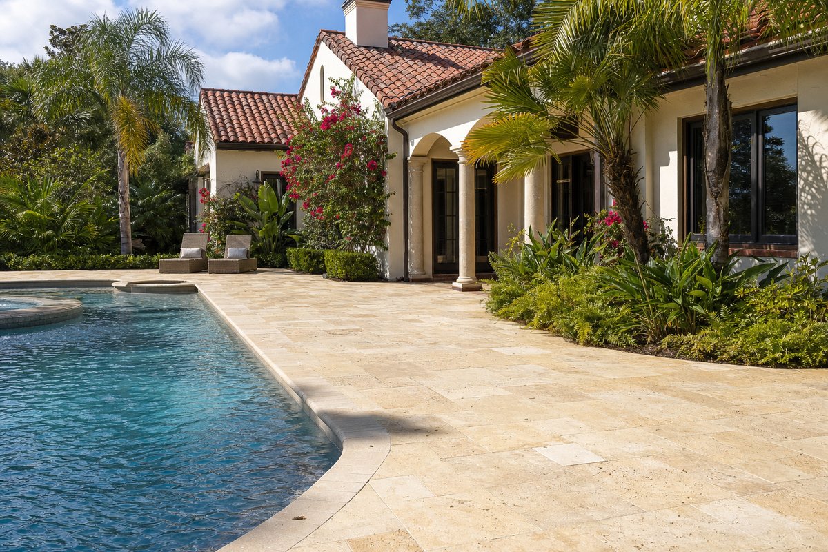 Cool-touch AZEK Coastline pool deck in Atlantic Beach with palms, cable rail and salt-air-rated stainless hardware