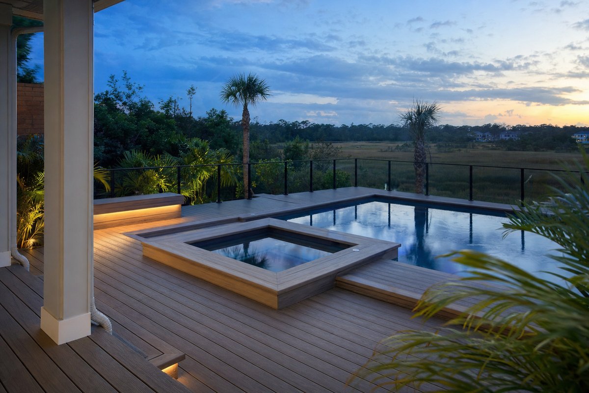 Trex Transcend Rope Swing composite pool deck on a Nocatee home with picture-frame perimeter and hidden fasteners