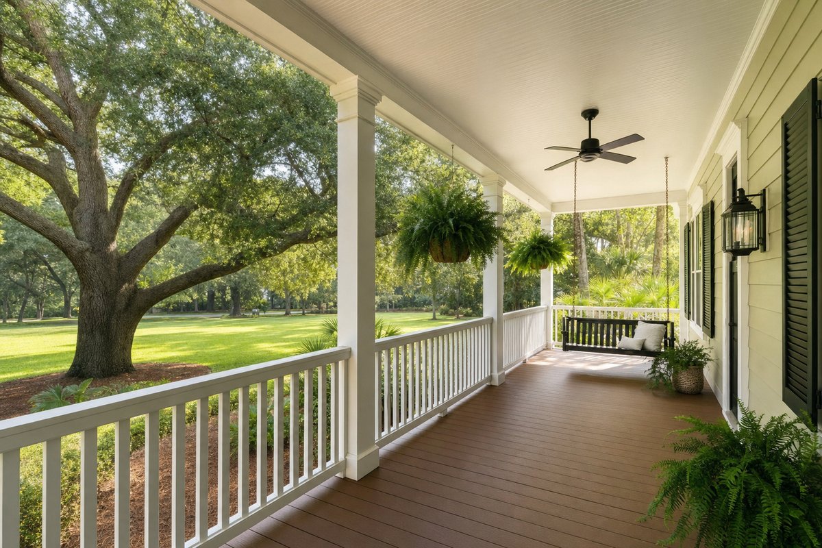 Covered back porch with white columns, railing and a composite floor on a Jacksonville home