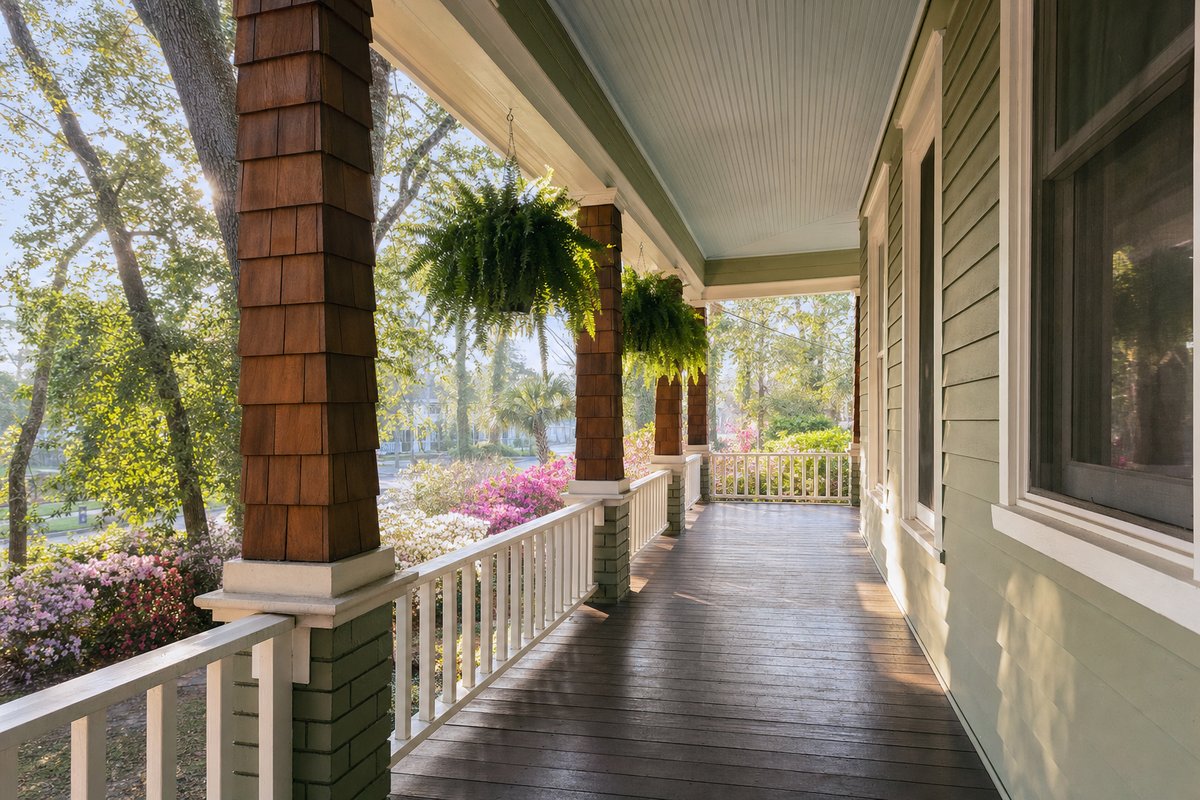 Covered front porch with white columns, railing, and a finished floor on a Jacksonville, FL home
