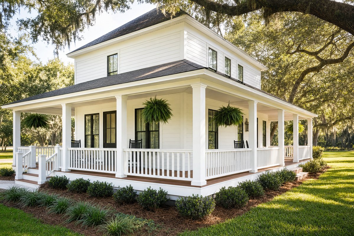 Wrap-around covered porch turning the corner of a two-story Jacksonville, FL farmhouse