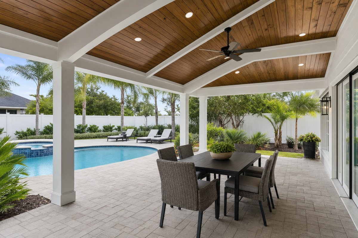 Covered patio roof built over an existing slab with posts and a tongue-and-groove ceiling in Jacksonville, FL
