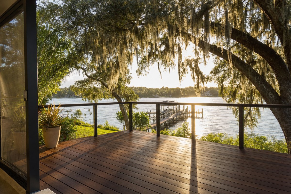 Brazilian Ipe hardwood deck on an Ortega riverfront home in Jacksonville at golden hour with cable rail and live oaks