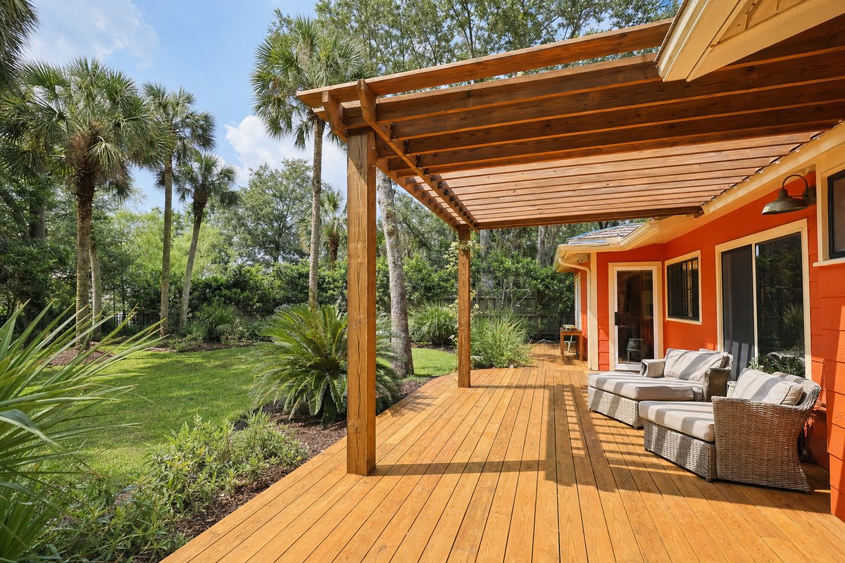 Western Red Cedar deck on a Riverside Jacksonville bungalow with a covered porch and natural cedar grain