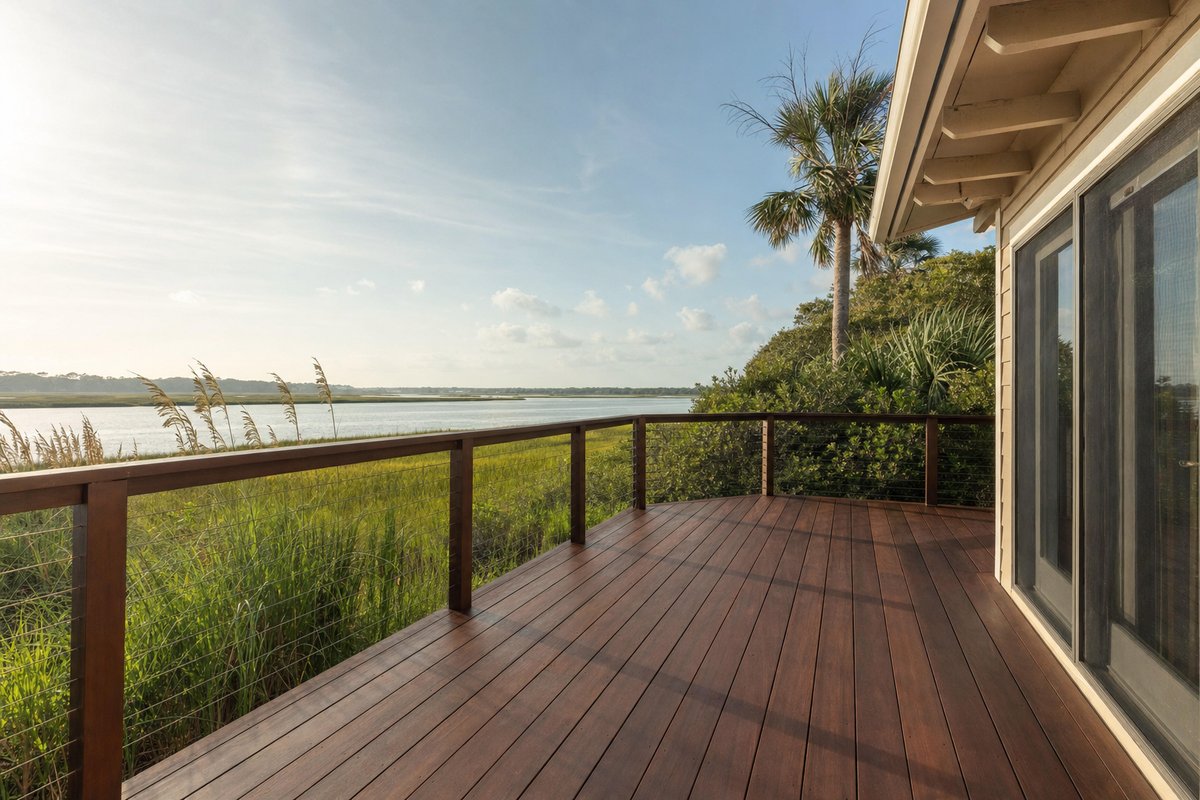 Tigerwood hardwood deck with dramatic dark-streaked grain on an oceanfront Ponte Vedra Beach home at dusk